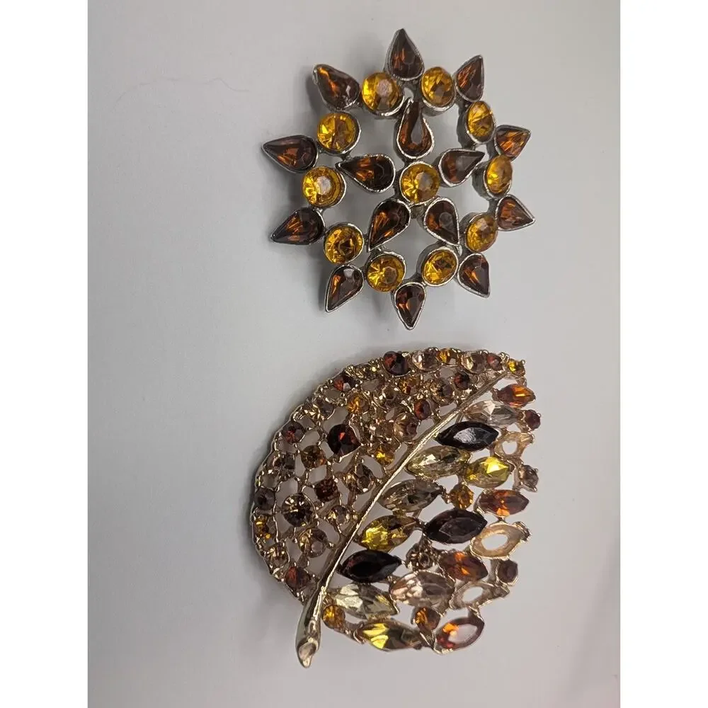 Vintage Style Rhinestone Brooch Pin Lot Leaf & Starburst Autumn Tones